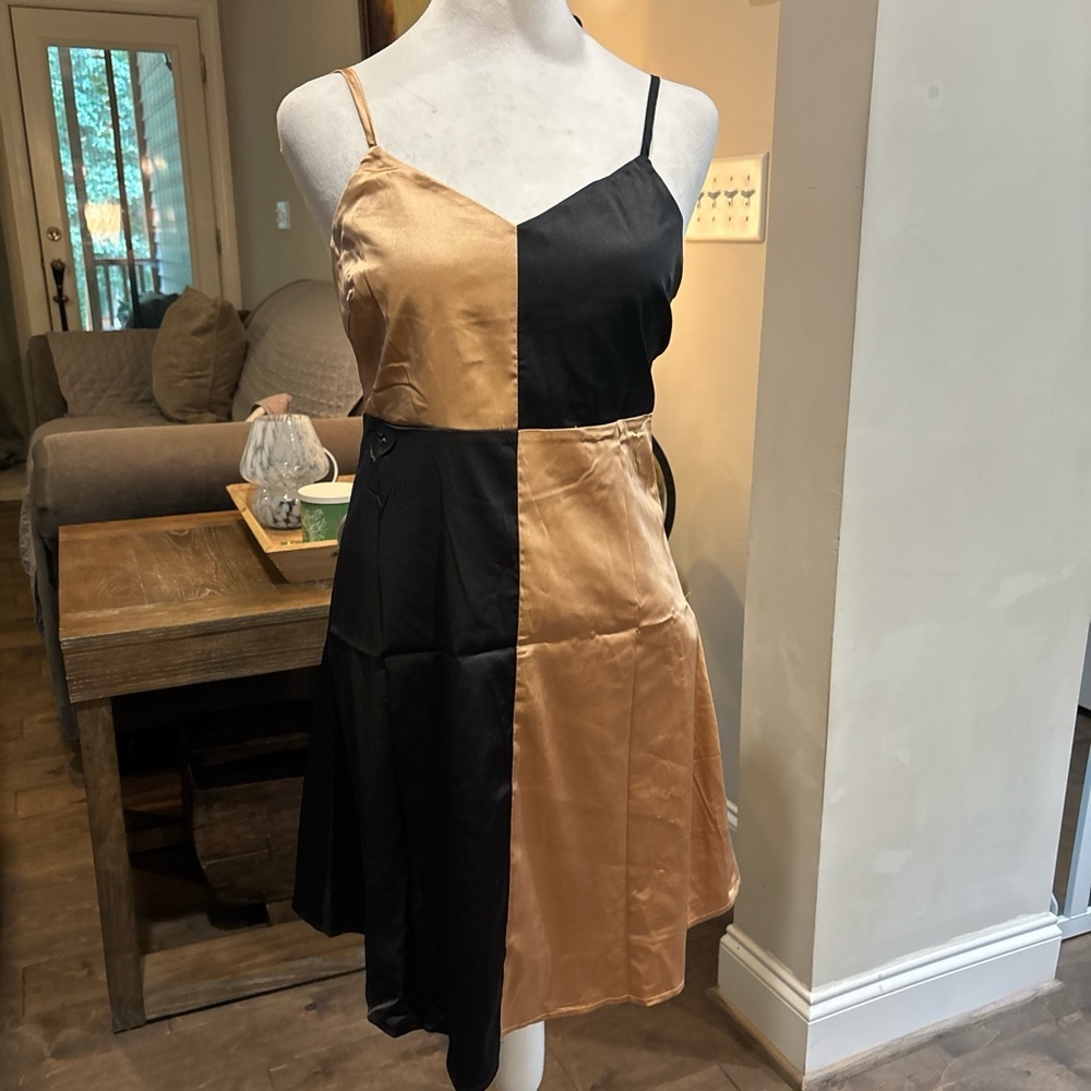 Dance & Marvel Gold and black Spaghetti Strap Mini Sundress